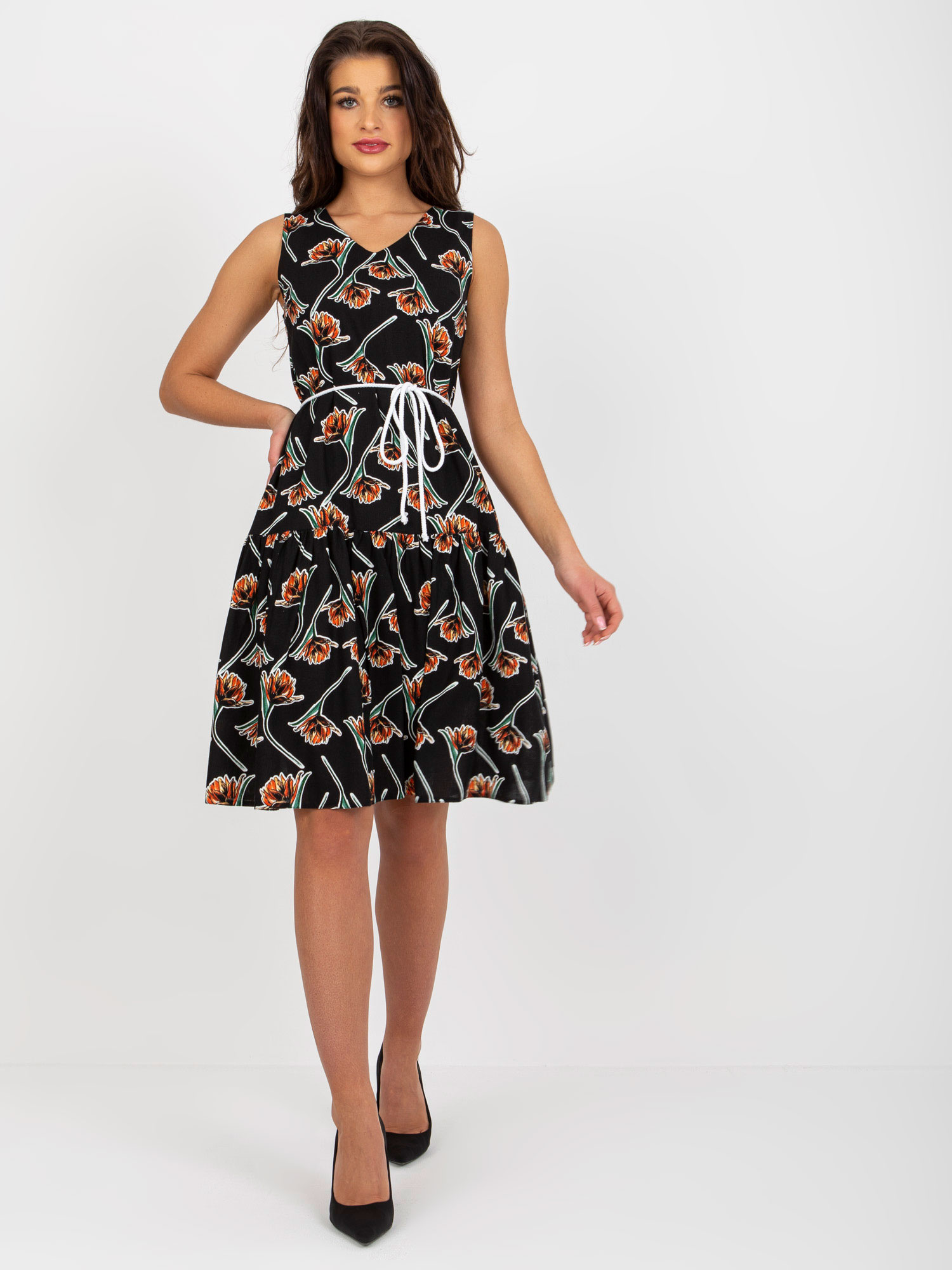 Wholesale Black linen dress with flowers and ruffle.