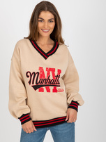 Hurt Beżowa damska bluza z napisami i dekoltem V