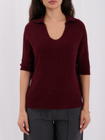 Burgundy women's polo sweater made of fluffy knitwear.