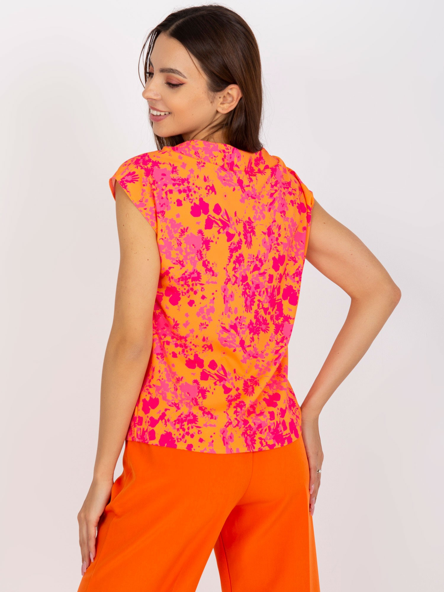 Orange-pink blouse with sleeveless print RUE PARIS