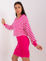 Fuksjowo-biały komplet basic z marszczoną sukienką