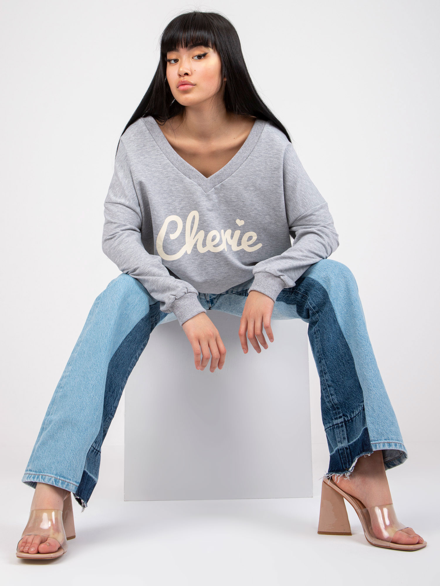 Grey melange print sweatshirt with long sleeve 