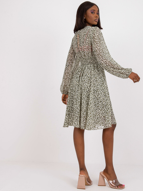 Khaki-beżowa rozkloszowana sukienka midi z printami ZULUNA