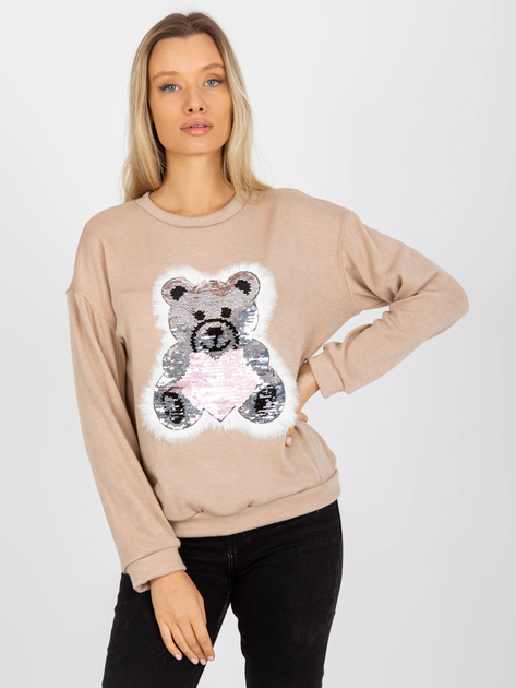 Hurt Beżowy damski sweter klasyczny z cekinową aplikacją