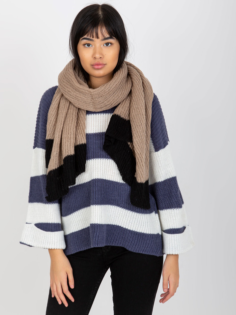 Hurtownia Beżowo-czarny długi szal damski z dzianiny