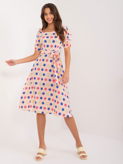 Hurt Brzoskwiniowa trapezowa sukienka z bufiastymi rękawami