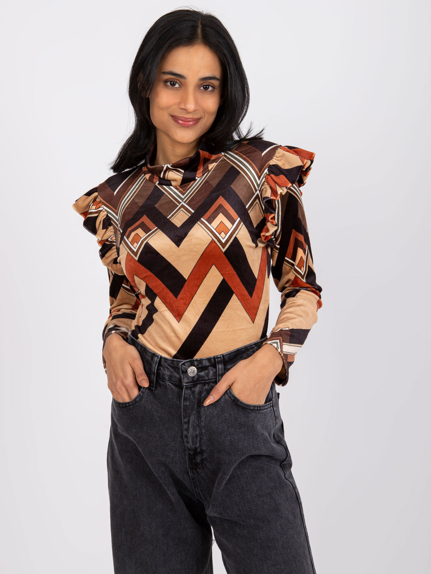 Brown-beige velour blouse with Annabel prints