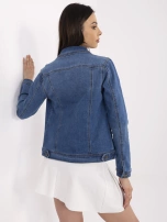 Blue women's denim jacket with a collar.