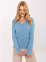 Light blue short sweater with buttons.
