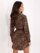 Camelowo-czarna sukienka szmizjerka z paskiem