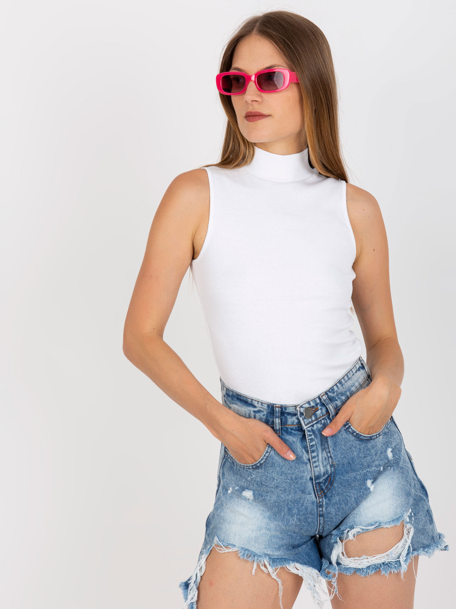 Biały top basic w prążki bez rękawów RUE PARIS