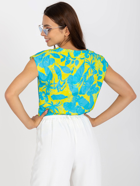 Niebiesko-żółta bluzka z nadrukiem i dekoltem w serek RUE PARIS