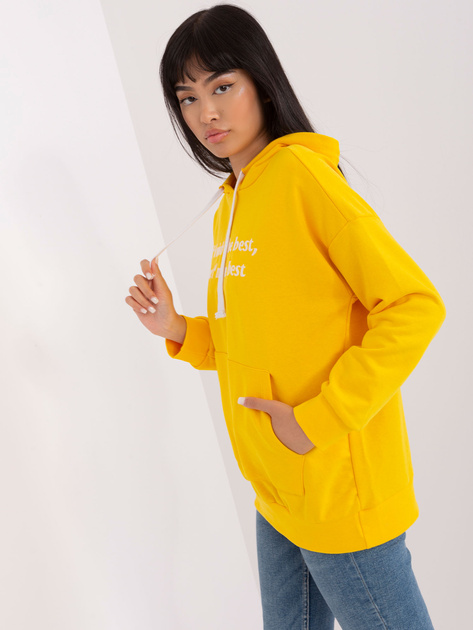 Hurtownia Ciemnożółta damska bluza kangurka z napisem