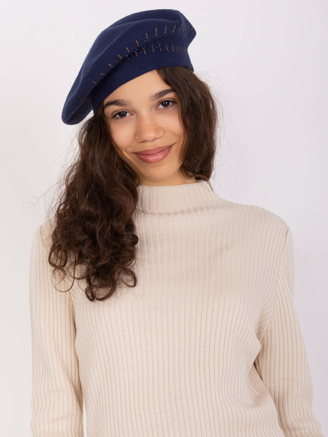 Hurt Granatowy damski beret z dżetami