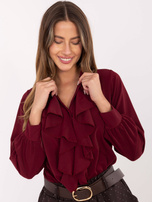 Burgundy dress shirt with ruffles.