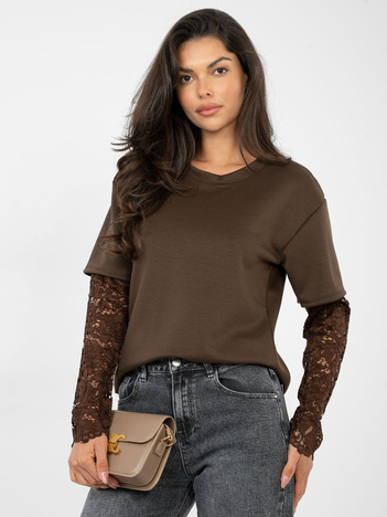 Czekoladowa damska bluzka oversize z koronką