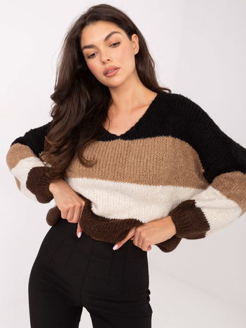Czarno-brązowy sweter oversize w paski RUE PARIS