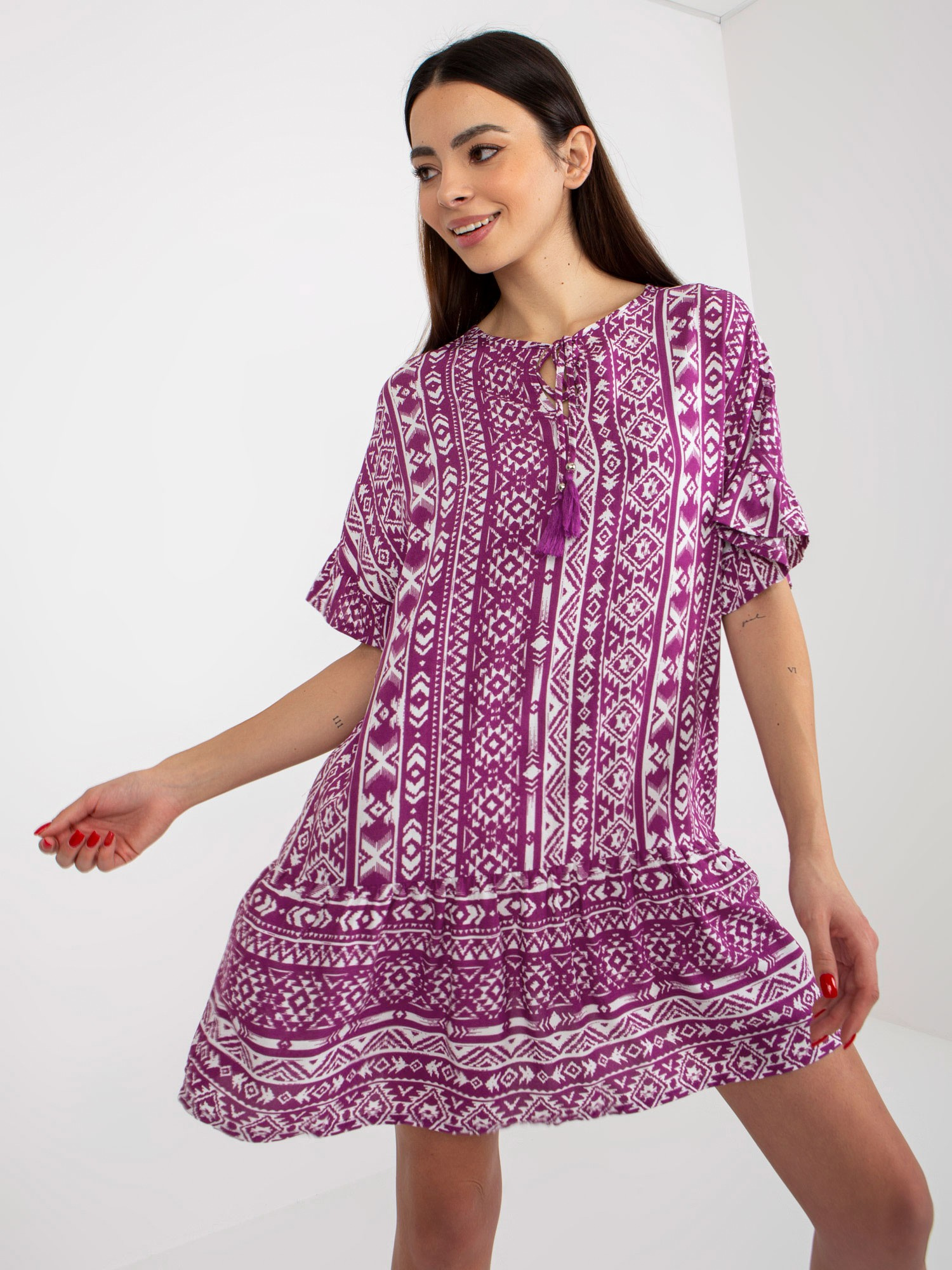 Hurt Fioletowa boho sukienka we wzory z wiskozy SUBLEVEL