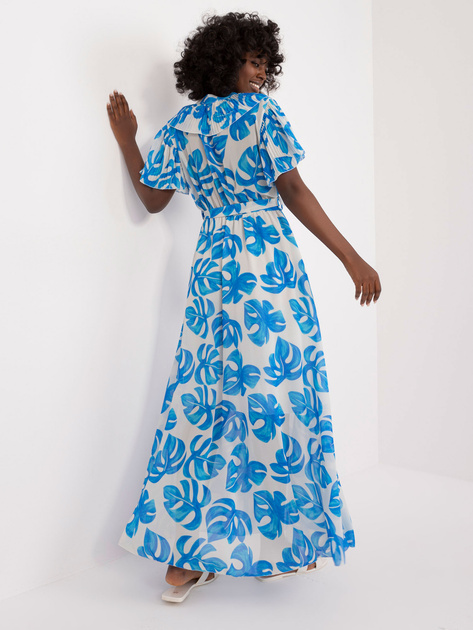 Hurt Ecru-niebieska sukienka z falbankami przy dekolcie