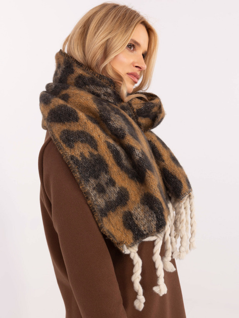 Hurt Camelowo-czarny długi szal damski z frędzlami