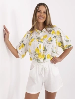Ecru-żółta ażurowa koszula z krótkim rękawem 