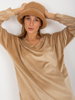 Hurt Beżowa luźna sukienka welurowa z kieszeniami RUE PARIS