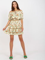 Żółto-bordowy dwuczęściowy komplet letni z mini spódnicą 