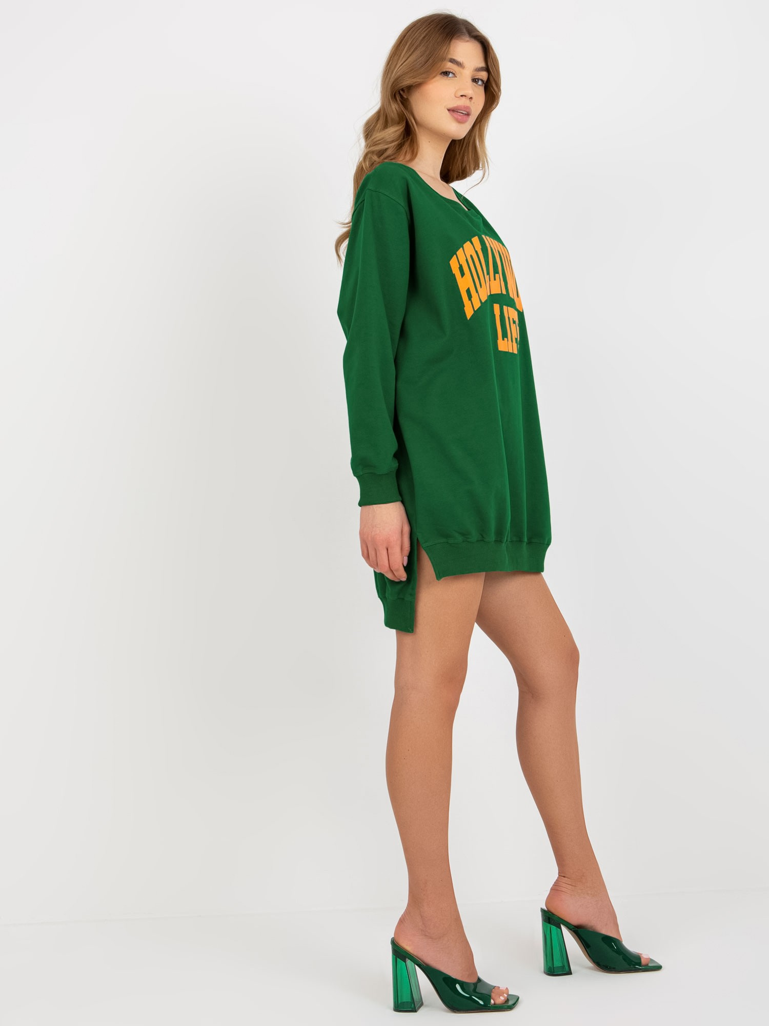Hurt Ciemnozielono-pomarańczowa długa bluza oversize z nadrukiem 