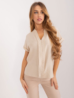 Hurtownia Beżowa luźna bluzka z dekoltem V SUBLEVEL