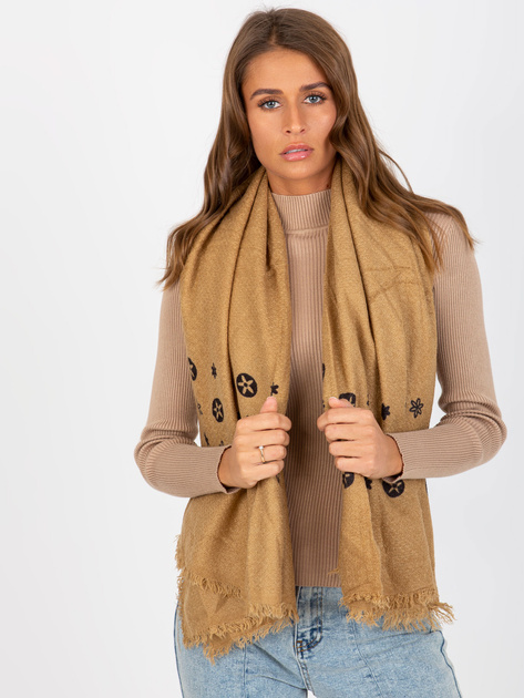 Hurtownia Ciemnobeżowy damski szal z printami