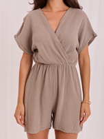 Muslin fango jumpsuit with a wrap neckline.