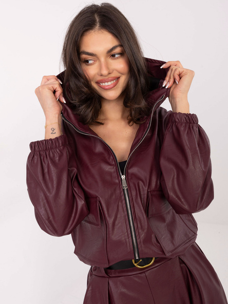 Burgundowa skórzana kurtka z kapturem RUE PARIS