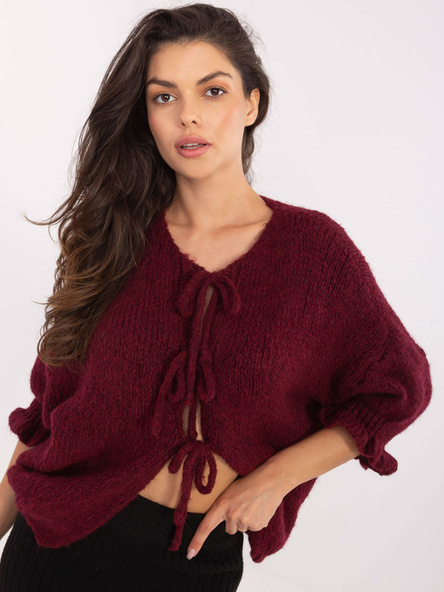 Bordowy kardigan z falbankami przy rękawach