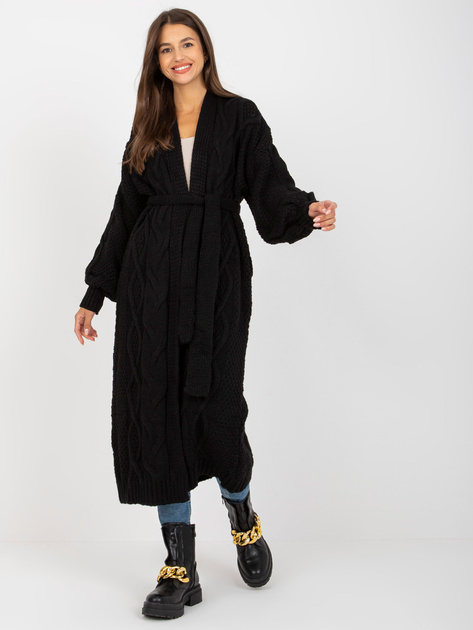 Hurt Czarny długi kardigan z paskiem wiązanym RUE PARIS