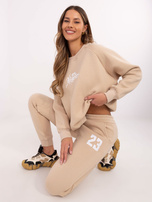 Hurt Beżowy dresowy komplet z bluzą bez kaptura