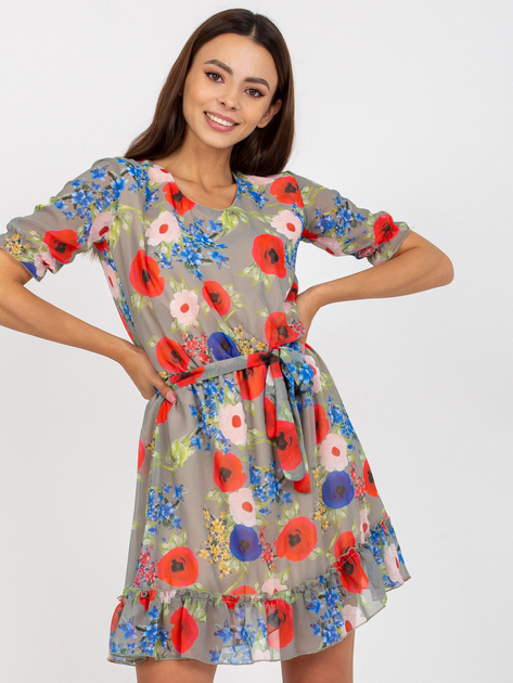 Khaki sukienka mini w kwiaty z krótkim rękawem Blake