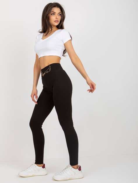 Hurt Czarne prążkowane legginsy z haftem RUE PARIS