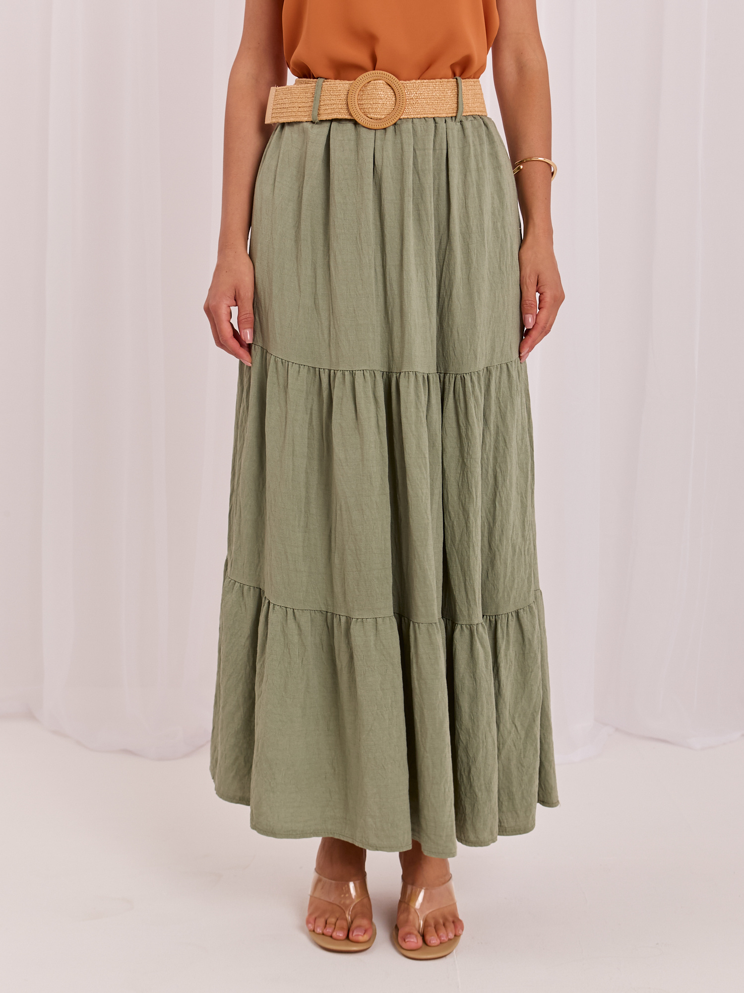 Khaki letnia spódnica tiered z falbanami