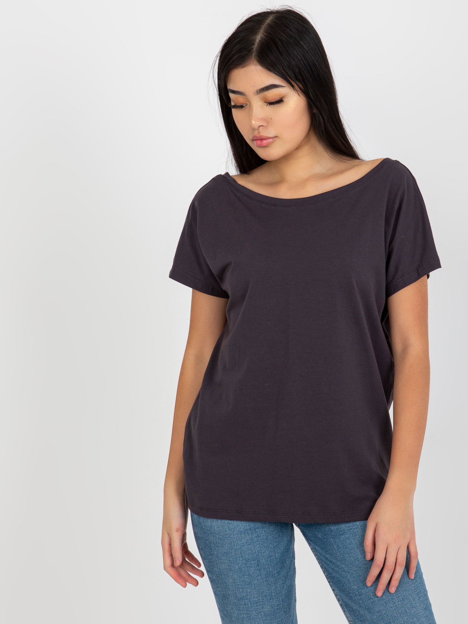 Grafitowy t-shirt basic z dekoltem na plecach Fire