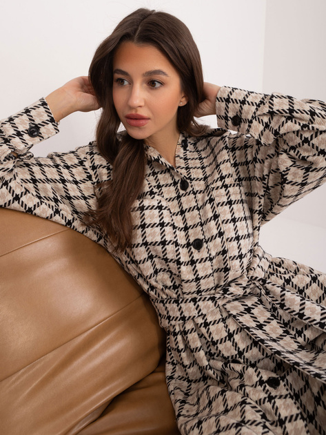 Hurt Beżowo-czarna koszulowa sukienka z paskiem