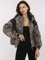 Black-camel windbreaker jacket with print.