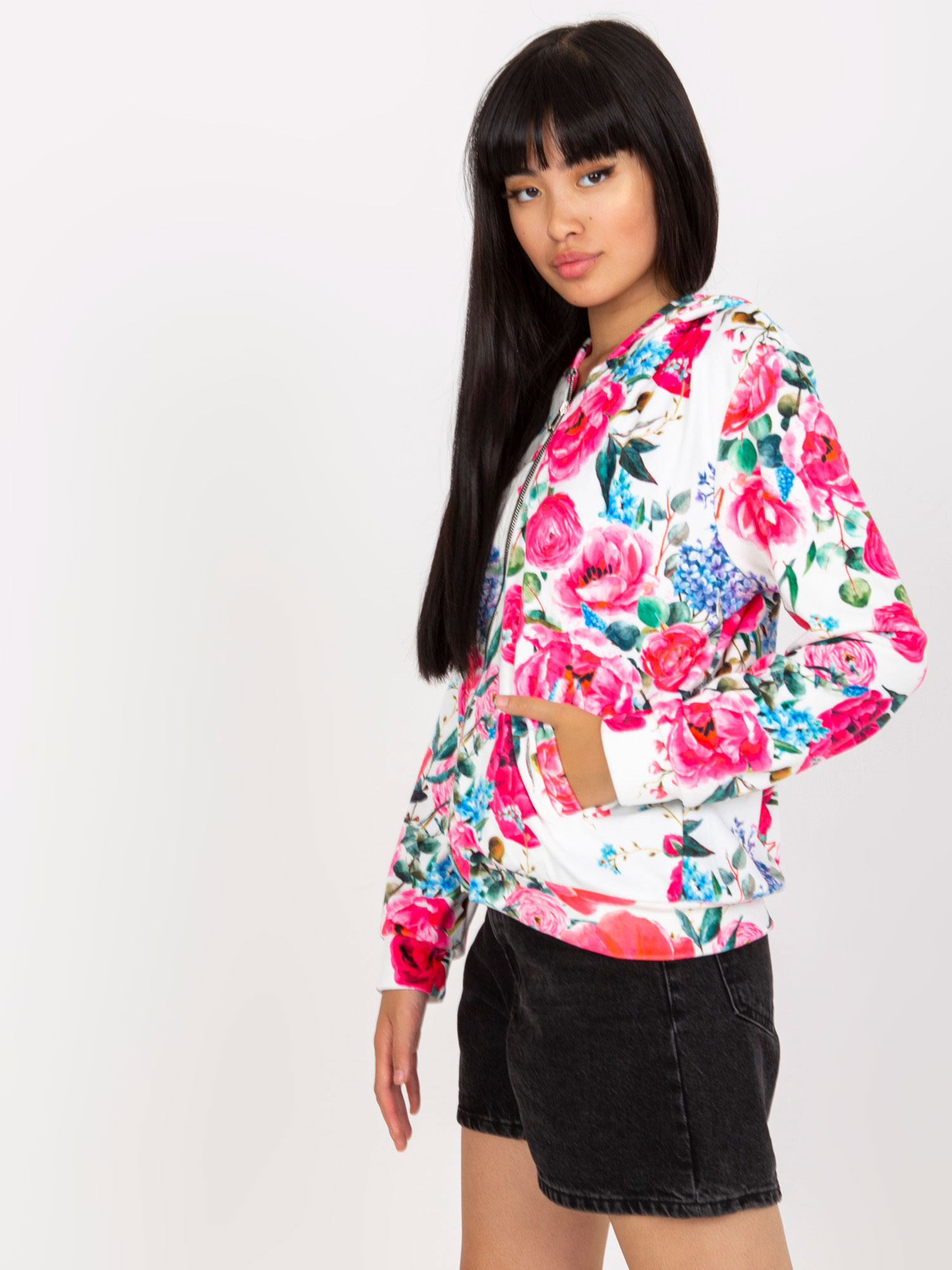 Biało-różowa welurowa bluza w kwiaty RUE PARIS