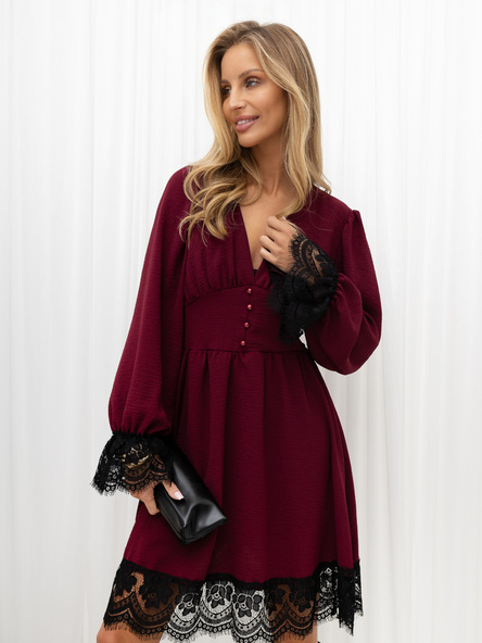 Burgundy dress with puff sleeves.
