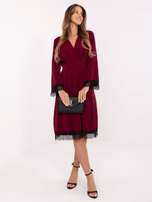 Burgundy midi dress with lace finish.