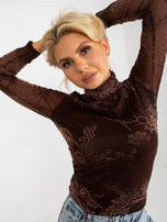 Hurt Brązowa dopasowana bluzka z golfem i welurową aplikacją 