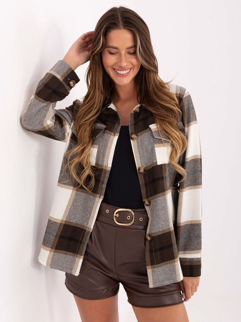 Ecru-brązowa koszula w kratę z kołnierzykiem RUE PARIS