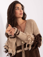 Beżowo-brązowy rozpinany sweter z frędzlami