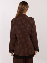 Brown blazer with lace trim.