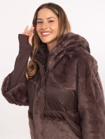Dark brown winter jacket with a hood.