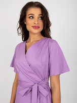 Wholesale light purple flared dress with a ruffle.